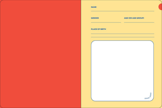 Writer’s journal featuring character fields for name, gender, age, birthplace, and space for drawings.
