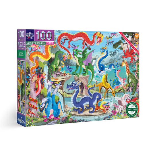 Love of Dragons 100 Piece Puzzle featuring cultural dragons in a colorful fantasy landscape.