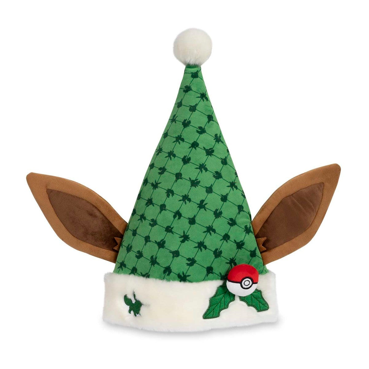 Eevee Pokémon Holiday Plush Hat for adults with brown ears, white trim, Poké Ball, and holly.