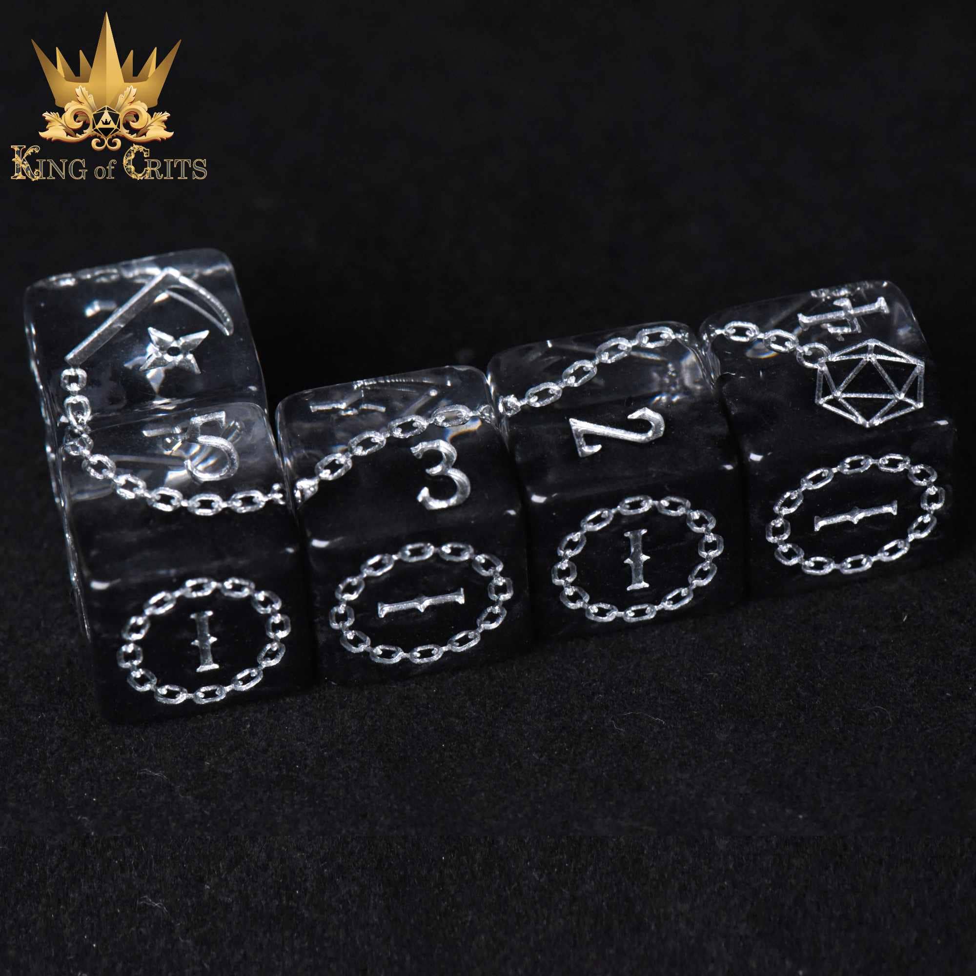 Art of Stealth 11 Dice Set: black resin dice with white chain-style numbers and King of Crits logo in the corner.
