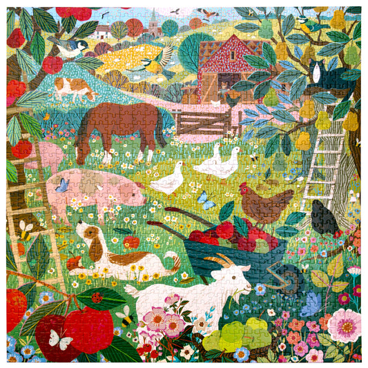 English Pastures 1000 Piece Puzzle featuring farm animals, flowers, trees, apples, and a barn scene.
