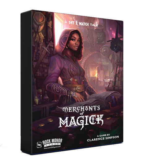 Merchants of Magick: A Set a Watch Tale box cover with a woman in purple cloak inside a magic item shop.
