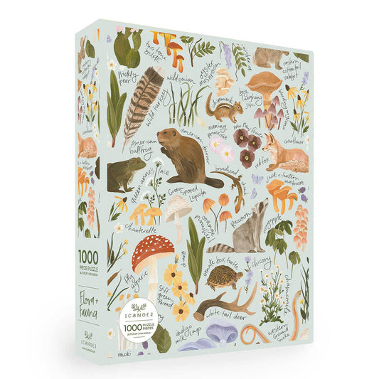 Flora & Fauna Puzzle, 1000 pieces, with labeled North American plants, mushrooms, and animals.