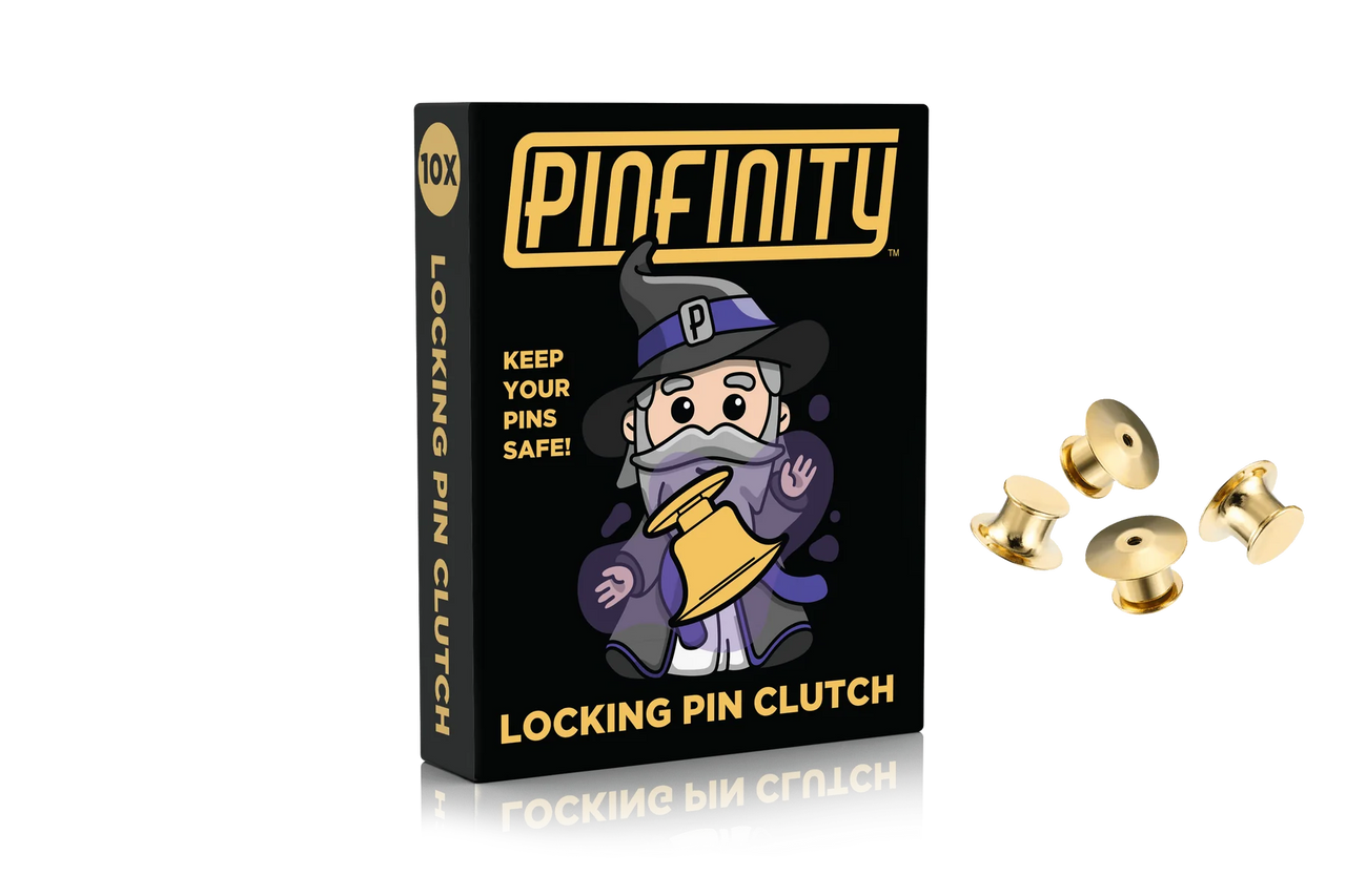 Pinfinity pins box with wizard design and four Gold Premium Locking Pin Backs displayed beside it.