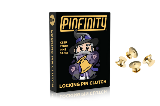 Pinfinity pins box with wizard design and four Gold Premium Locking Pin Backs displayed beside it.
