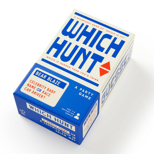 Brass Monkey Which Hunt Party Game box with blue and red text and a sample card shown on the front.
