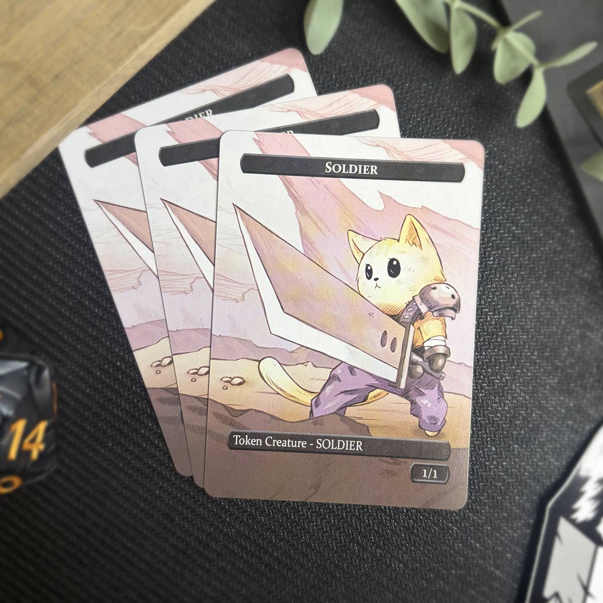 SOLDIER & Treasure Token Set with cat soldier tokens labeled “Token Creature – SOLDIER 1/1.”.