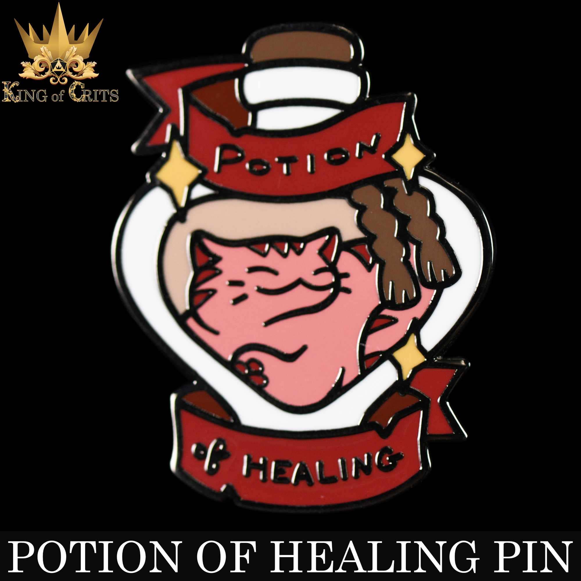 Potion of Healing enamel pin showing a potion bottle with a pink cat and red Potion of Healing banner.