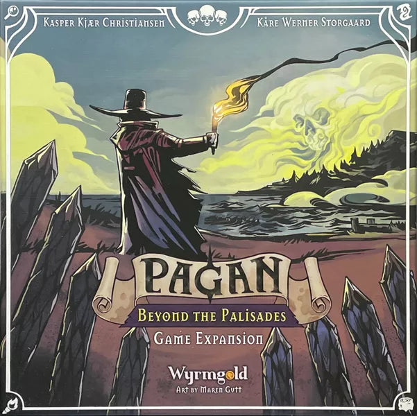 Pagan: Beyond the Palisades game with new mechanics, featuring a cloaked figure and smoky skull above a village.