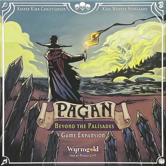 Pagan: Beyond the Palisades game with new mechanics, featuring a cloaked figure and smoky skull above a village.