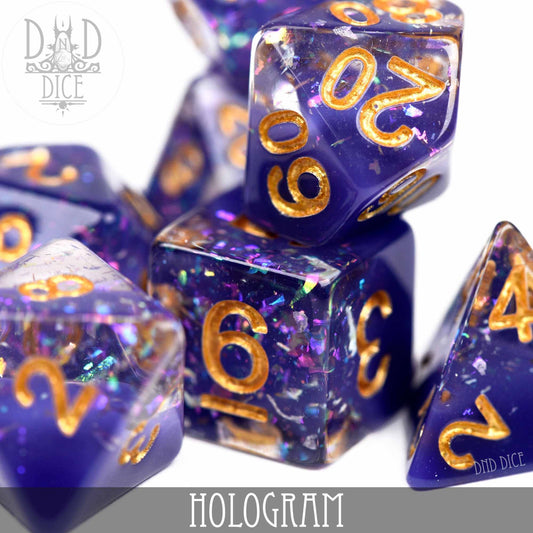 Purple polyhedral dice set with gold numbers, holographic glitter, and Hologram label at the bottom.