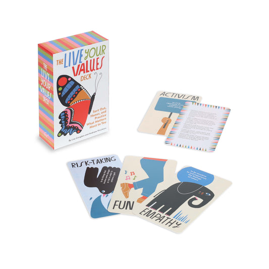 The Live Your Values Deck with illustrated cards depicting activism, risk-taking, fun, and empathy.