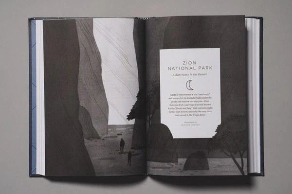 Campfire Stories: Tales from Americas National Parks book open to Zion National Park grayscale canyon page.