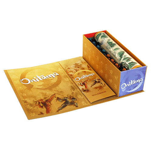Onitama board game with box, rulebook, and playmat.