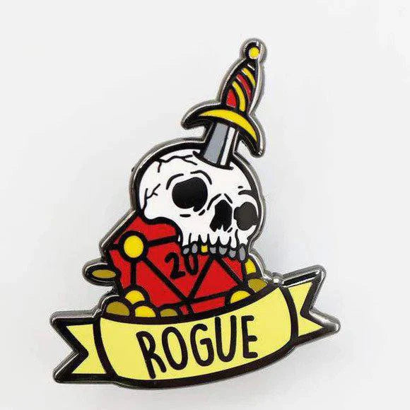 Rogue Banner Class enamel pin featuring a skull on a red d20 pierced by a sword.