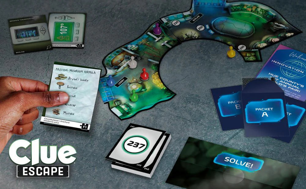 Clue Escape The Worlds Fair game with cards, tokens, and clue packets arranged on a gray surface.