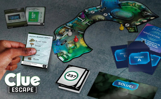 Clue Escape The Worlds Fair game with cards, tokens, and clue packets arranged on a gray surface.