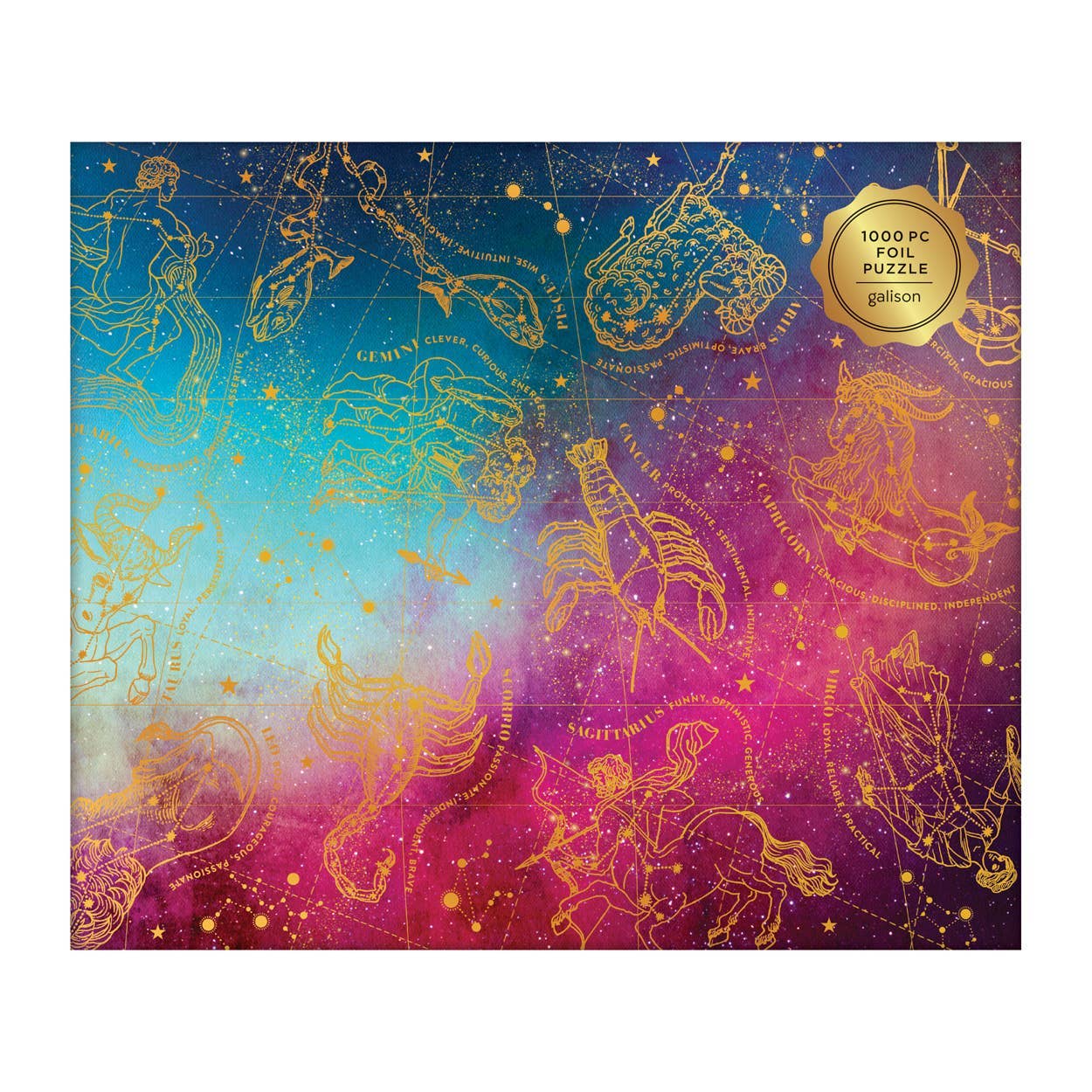 Astrology 1000 Piece Foil Puzzle with star map, gold constellations, and gold 1000 pc Foil Puzzle label.