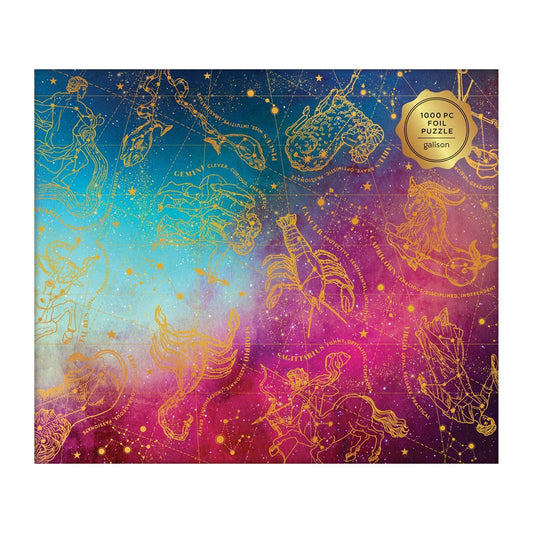 Astrology 1000 Piece Foil Puzzle with star map, gold constellations, and gold 1000 pc Foil Puzzle label.