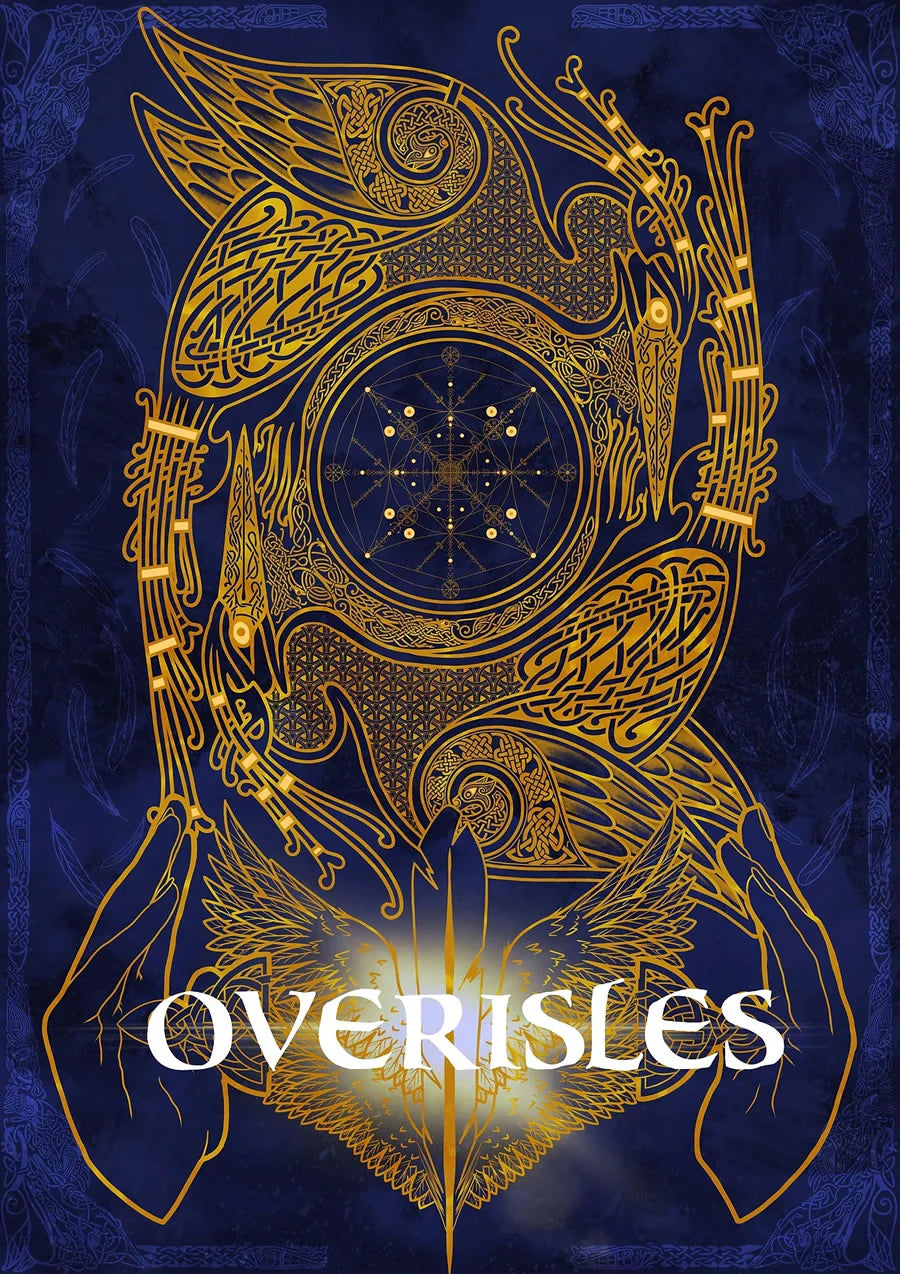 Overisles product featuring a golden Celtic-style bird and logo, inspired by tabletop RPG themes on dark blue.