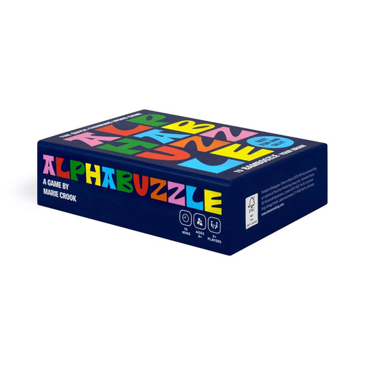 Alphabuzzle family game box with colorful letters on a dark background.