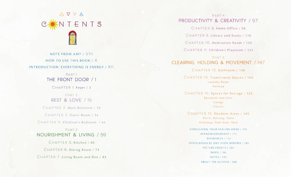 Table of contents for Healing Home with section titles, chapters, and page numbers in a colorful, minimalist layout.