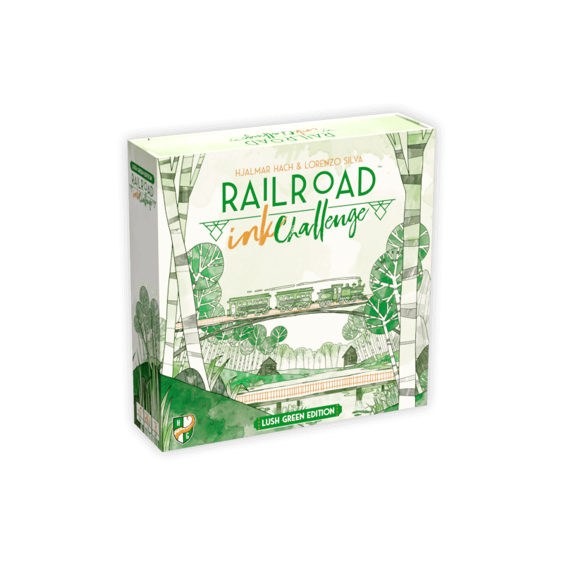 Railroad Ink Challenge: Lush Green Edition board game box with green and white train and tree illustrations.