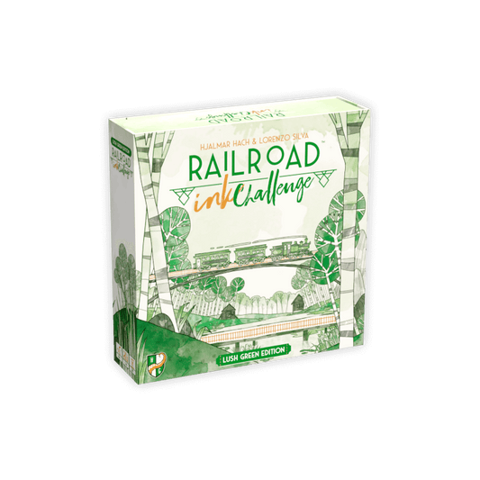 Railroad Ink Challenge: Lush Green Edition board game box with green and white train and tree illustrations.