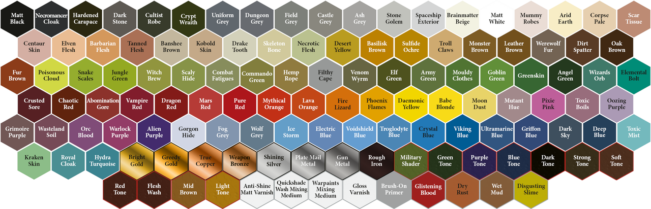 Hex color swatches chart labeled with fantasy names for The Army Painter Warpaints 18ml miniature paints.