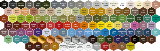 Hex color swatches chart labeled with fantasy names for The Army Painter Warpaints 18ml miniature paints.