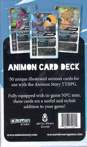Animon Story: Card Deck box back with three sample illustrated cards for the monster-raising RPG.