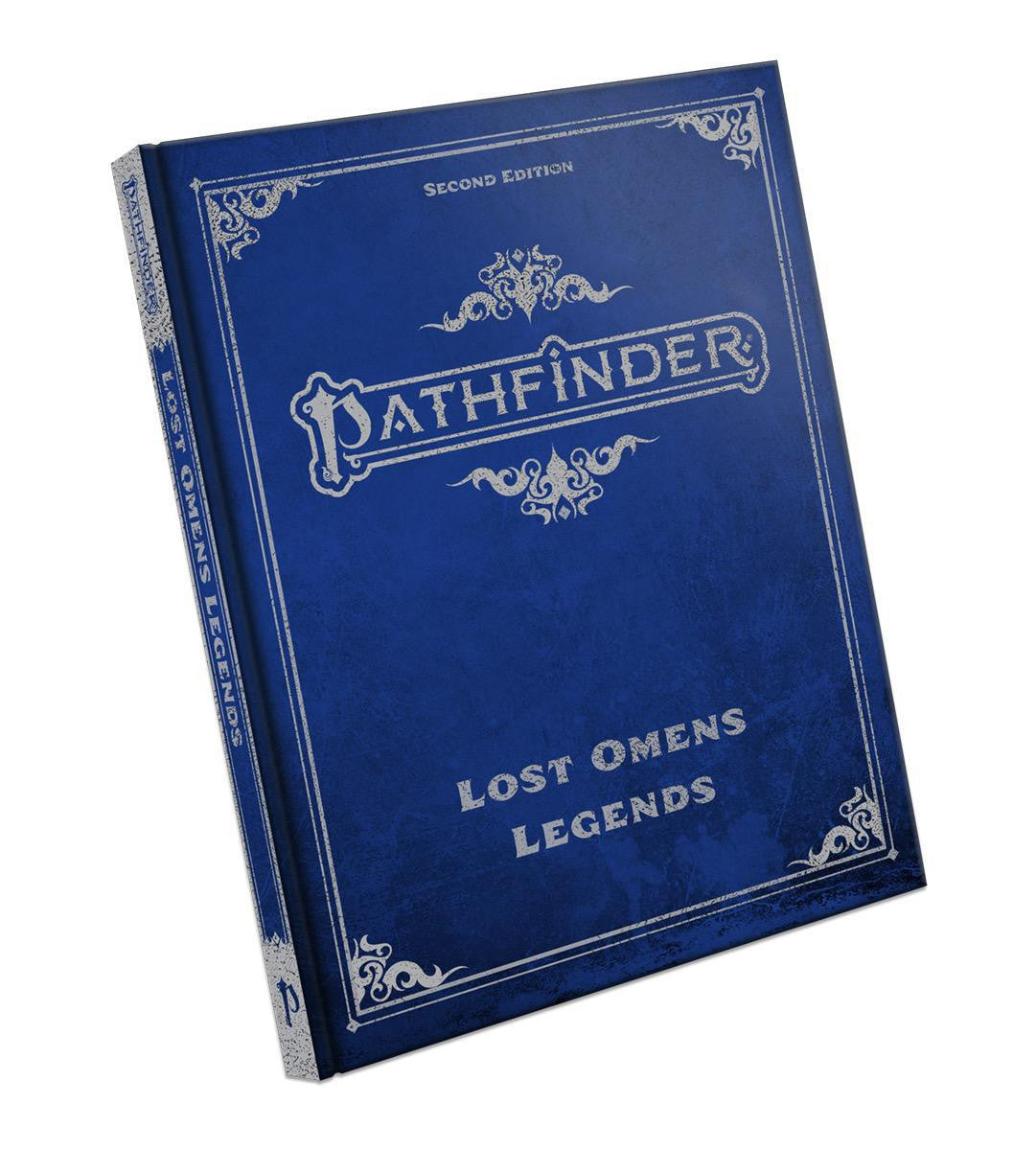 Pathfinder 2E Lost Omens: Legends Special Edition, blue hardcover with silver Golarion Inner Sea designs.
