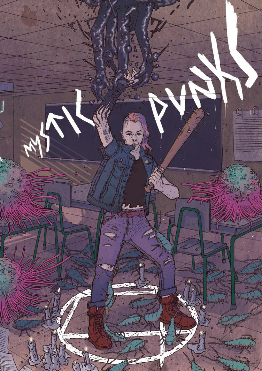 Mystic Punks RPG featuring a punk with a bat in a pentagram, surrounded by creatures.