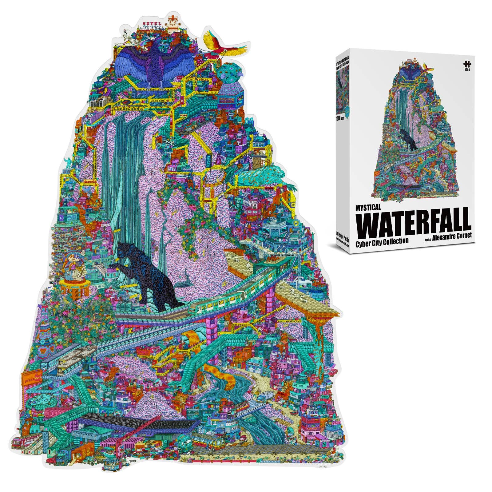 The Mystical Waterfall Cyber City 1000 Piece Puzzle featuring a black panther and city in a mountain landscape.