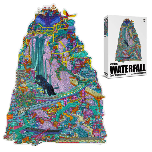 The Mystical Waterfall Cyber City 1000 Piece Puzzle featuring a black panther and city in a mountain landscape.