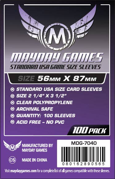 Mayday Games Standard USA Game Size Sleeves, 56x87mm, pack of 100, clear and archival-safe.