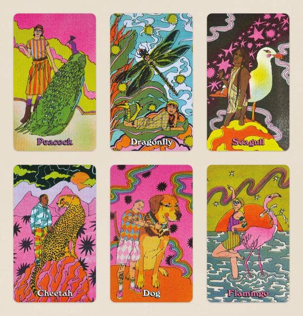 Queer Animal Oracle tarot-style cards showing people and animals, including a Peacock. Set of six cards.