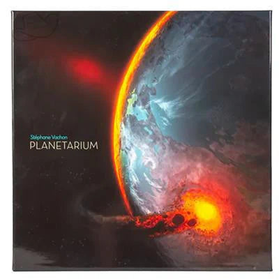 Planetarium text with fiery celestial body and blue planet on a dark space background.