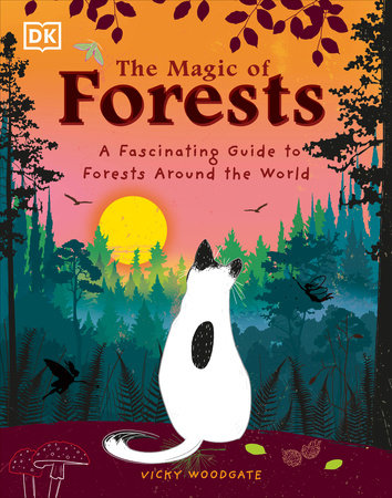 The Magic of Forests product featuring a white cat with black spots, sunset, birds, and mushrooms on packaging.