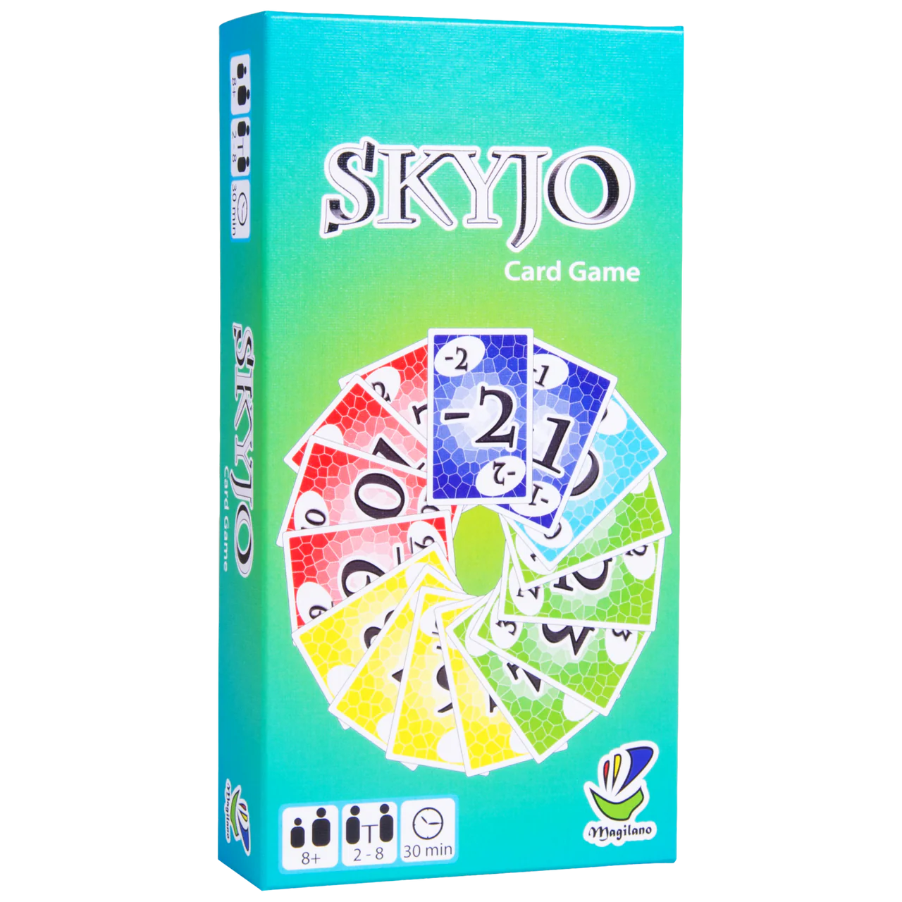 Skyjo card game with colorful numbered cards on a green-blue gradient background.