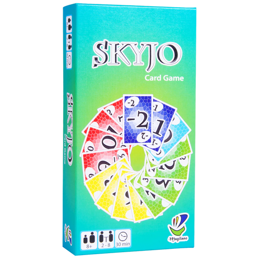 Skyjo card game with colorful numbered cards on a green-blue gradient background.