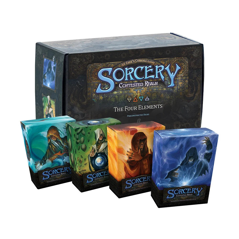 Ticket for Sorcery Sundays on Dec 6 at Gamelandia with four deck boxes and a large The Four Elements box.