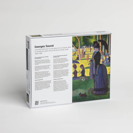 Back of Georges Seurat Sunday Afternoon puzzle box with La Grande Jatte artwork and product details on the left.