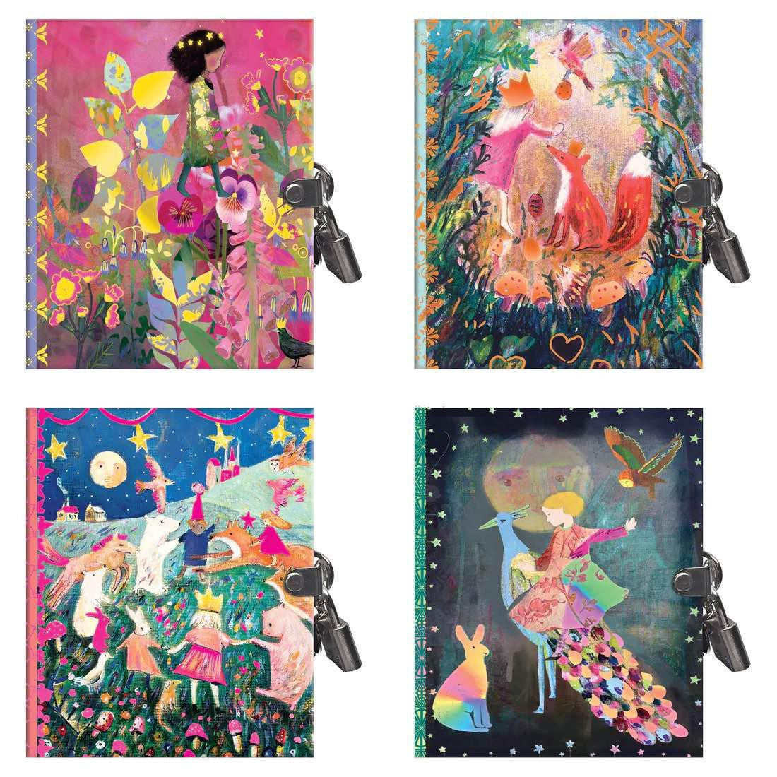 Set of four Very Small Journals with locks, each featuring Claire Westwood art of girls, animals, and nature.