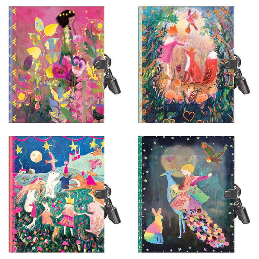 Set of four Very Small Journals with locks, each featuring Claire Westwood art of girls, animals, and nature.