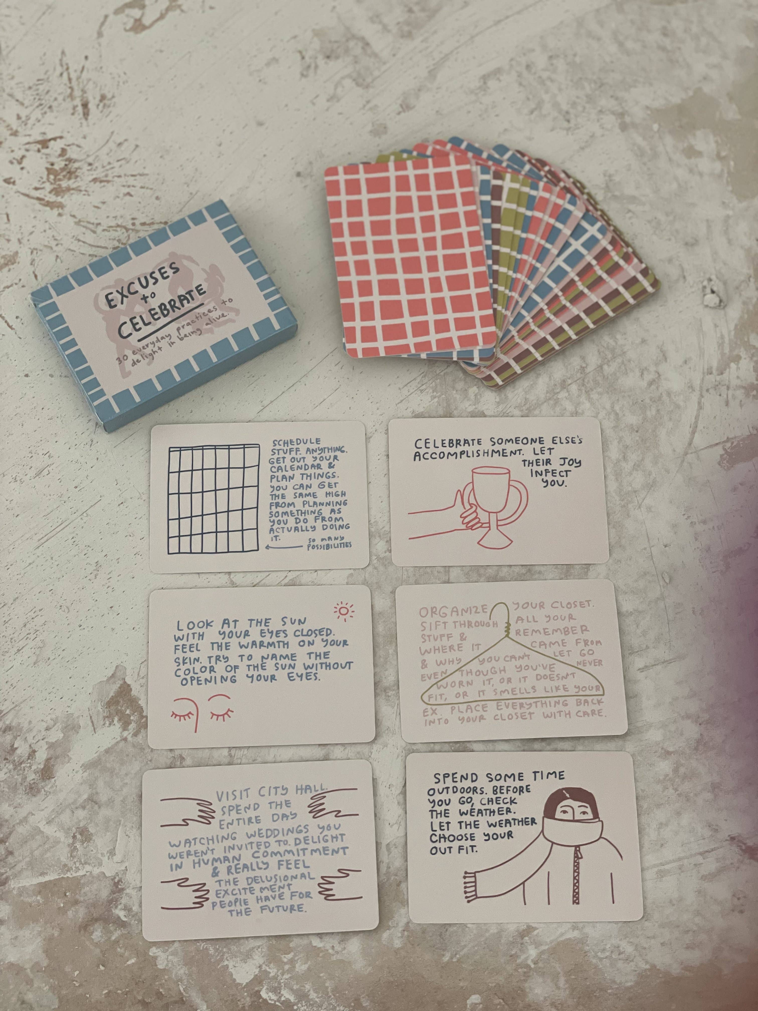 The Excuses To Celebrate Deck, a colorful card set.