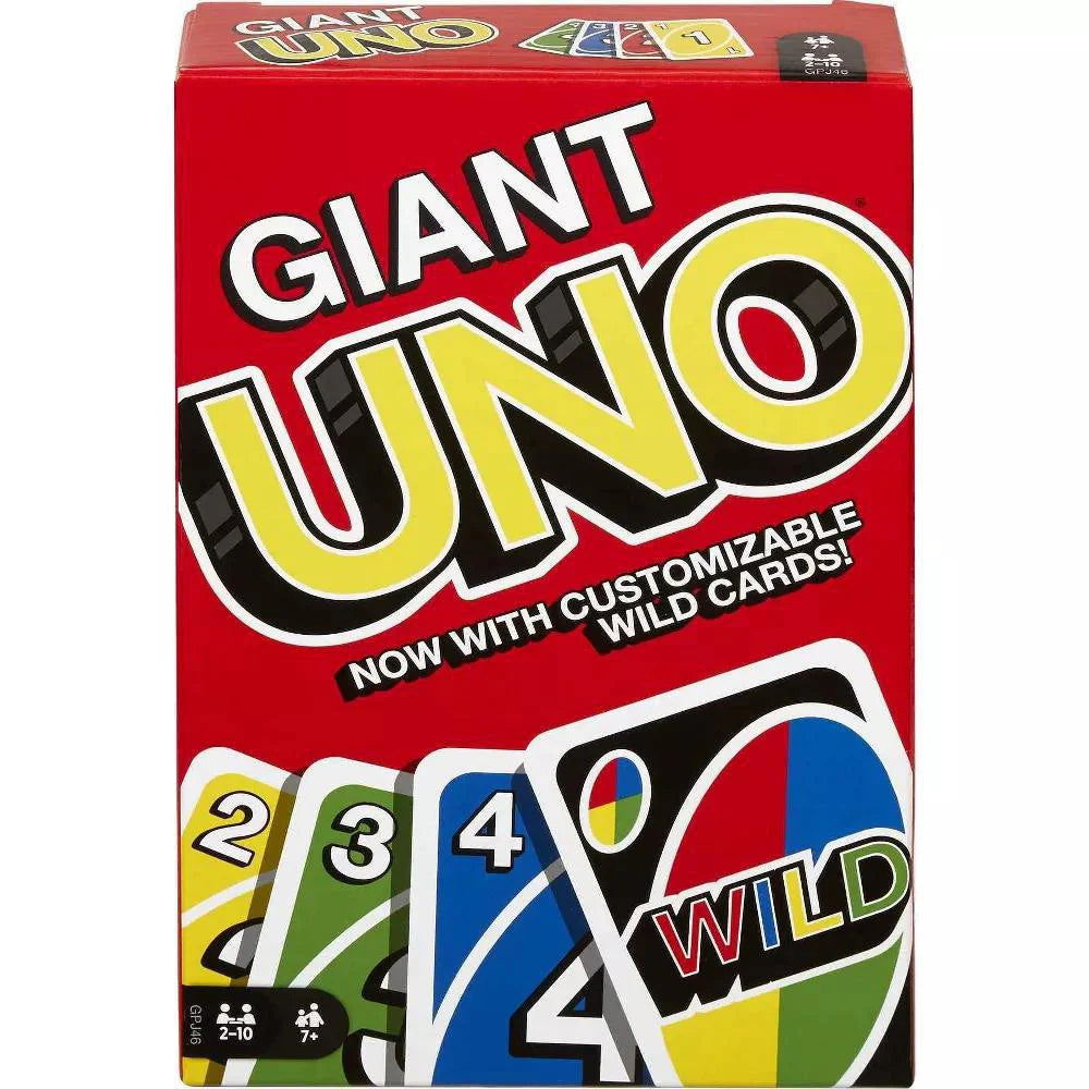 Giant Uno game with a red box, colorful cards, and customizable wild cards.