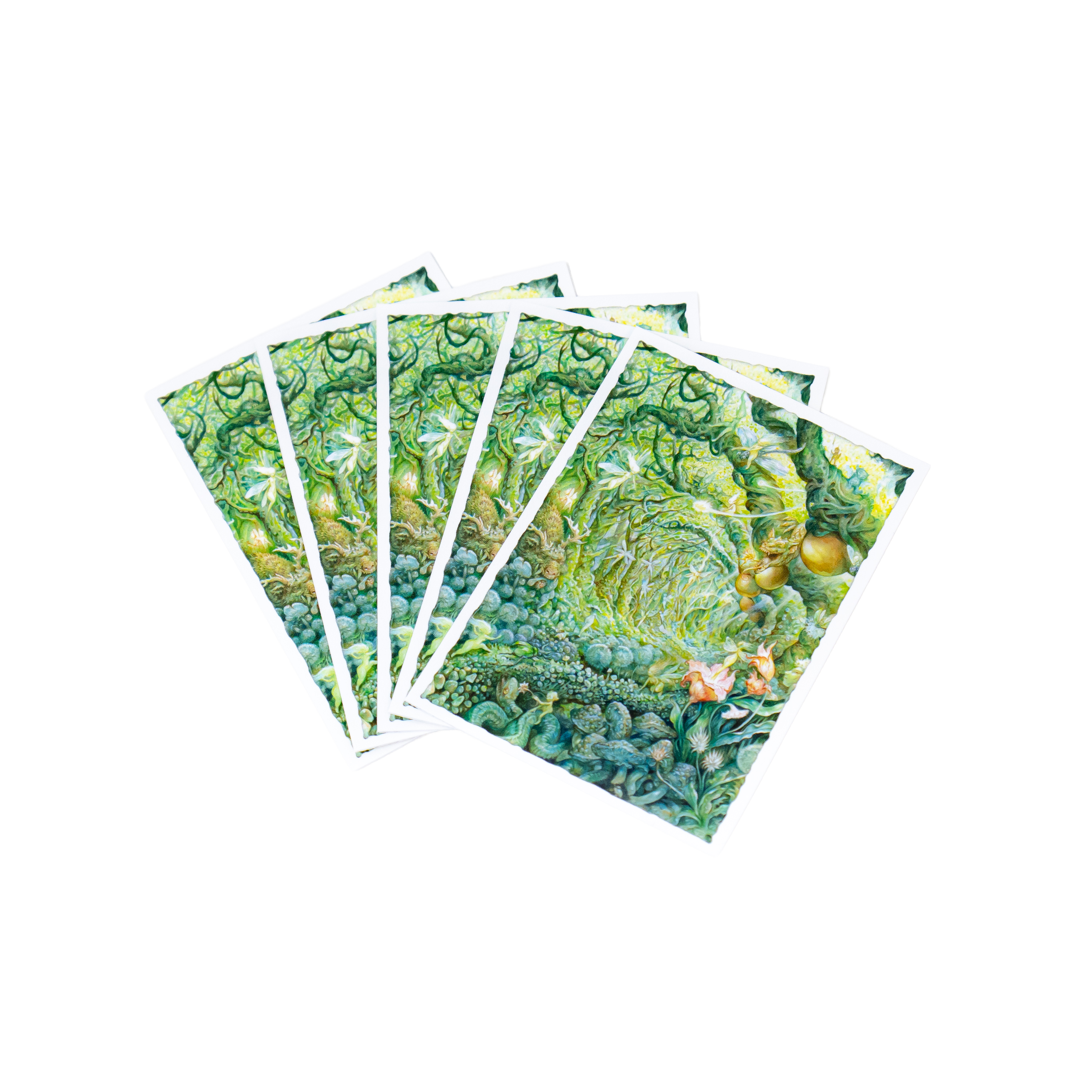 Five Dragon Shield Matte Sleeves, Gaea In Bloom variant by Omar Rayyan, fanned out.