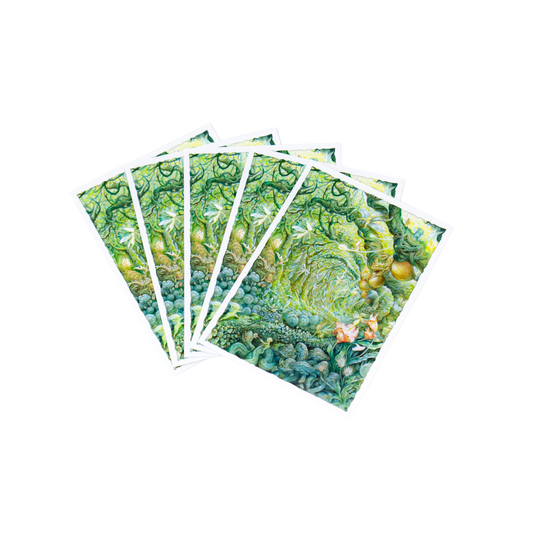 Five Dragon Shield Matte Sleeves, Gaea In Bloom variant by Omar Rayyan, fanned out.