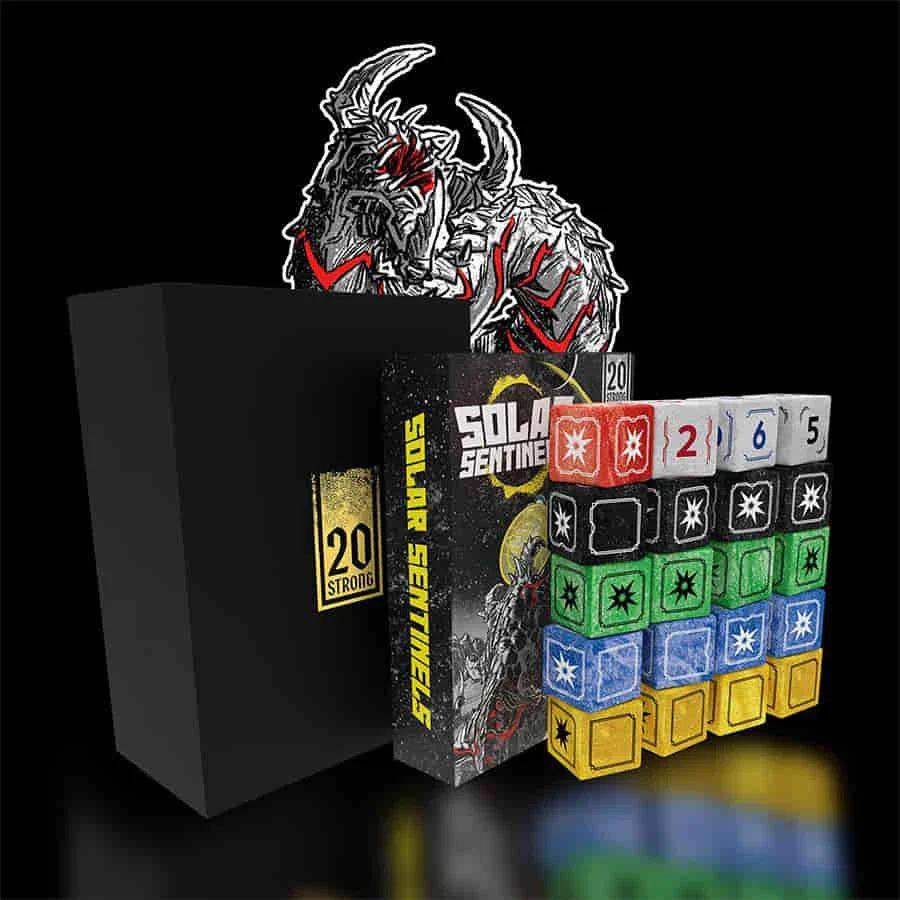 20 Strong board game components including dice, game box, cards, and villain illustrations.